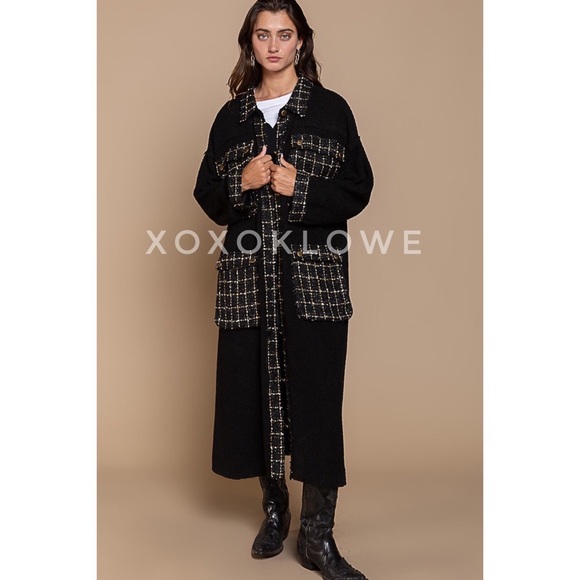 POL Black Sherpa Tweed Long Jacket | Relaxed Fit Faux Fur Sparkly Maxi Coat - Picture 1 of 12